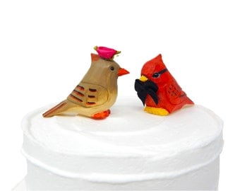 Cardinal Love Red Birds Cake Topper Bride & Groom Wedding Engagement Anniversary Carved Wood Statue