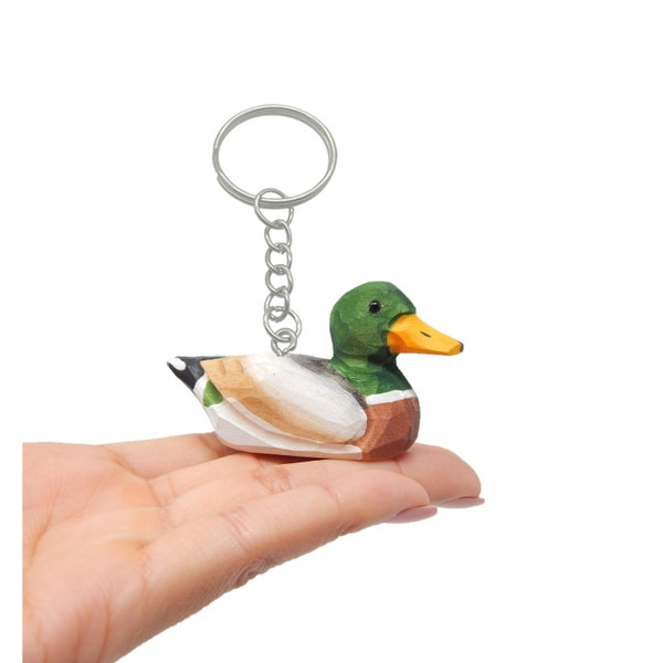 Mallard Duck Keychain Ring Hook Clip Charm Miniature Wood Mini Figurine Small Animal