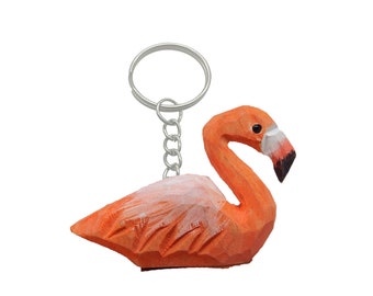 Pink Flamingo Bird Keychain Ring Hook Clip Charm Miniature Wood Mini Figurine Small Animal
