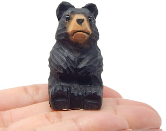 Black Bear Figurine Wood Carving Miniature Decor Statue Art Craft Small Animal