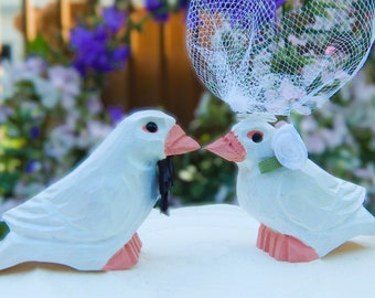 White Dove Wedding Cake Topper | Hand-Carved Wooden Bride Groom Bird Rustic Decor