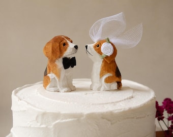 Beagle Dog Wedding Cake Topper | Hand-Carved Wood Bride Groom Rustic Decor