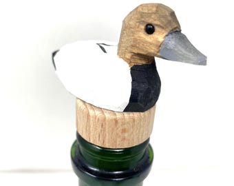 Canvasback Duck Hand-Carved Wooden Wine Stopper – Rustic Bottle Plug