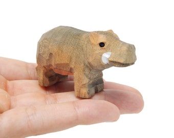 Hippo - Small Wooden Pygmy Hippopotamus Figurine - Africa River Horse Carving Handmade Decoration Miniature Animals