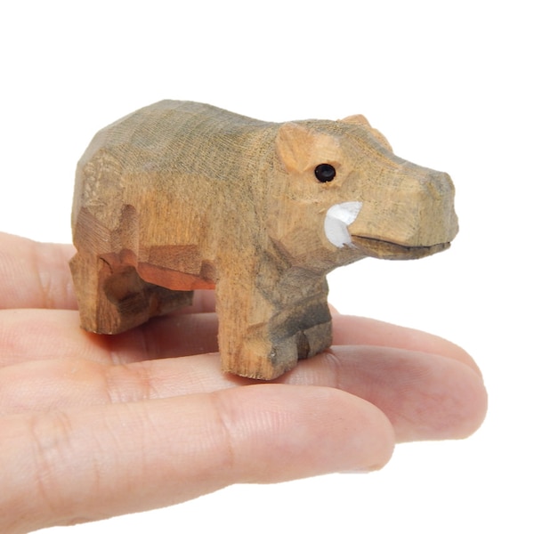 Hippo - Small Wooden Pygmy Hippopotamus Figurine - Africa River Horse Carving Handmade Decoration Miniature Animals