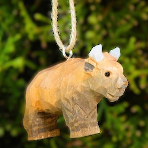 Bison Buffalo Ornament Wood Hanging Figurine Holiday Decor Handmade Carving Small Animal