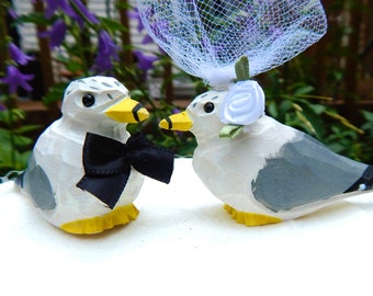 Seagull Wedding Cake Topper Love Birds Albatross Bride Groom Engagement Anniversary Carved Wood Statue