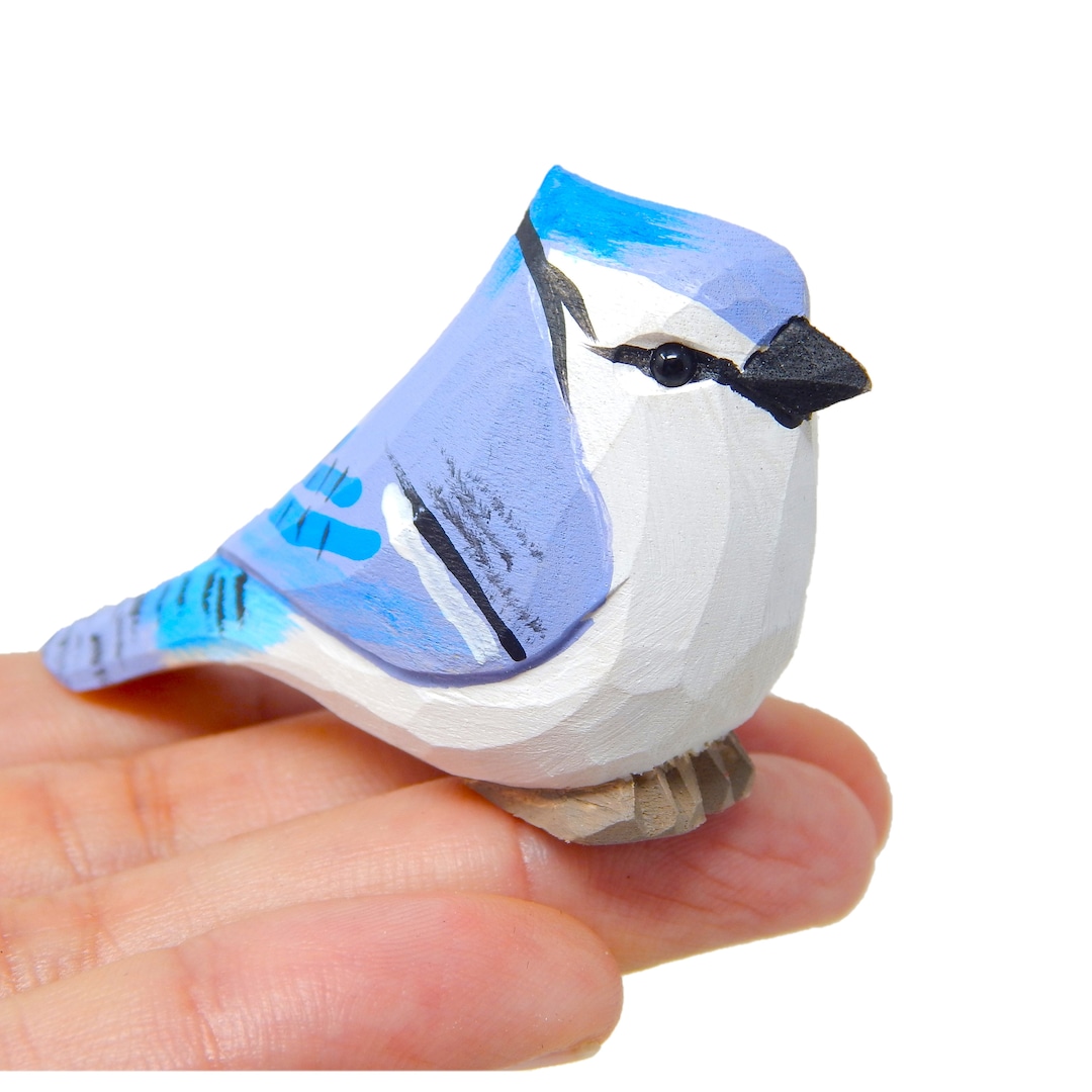 Blue Jay Wooden Figurine – Hand-Carved Bird Statue Miniature Nature Decor Gift
