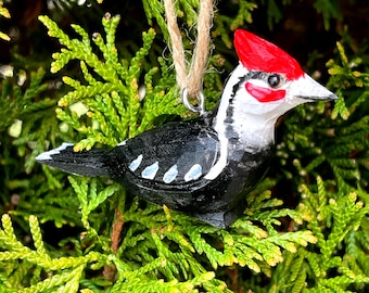 Woodpecker Ornament Hanging Wooden Figurine | Hand Carved Rustic Bird Décor