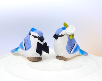 Blue Jay Bird Cake Topper Bride & Groom Love Wedding Engagement Anniversary Carved Wood Statue