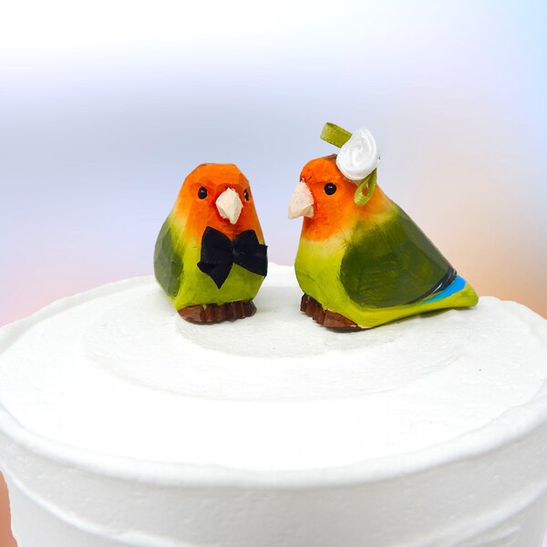 Lovebird Cake Topper Bride & Groom Bird Wedding Engagement Anniversary Carved Wood Statue