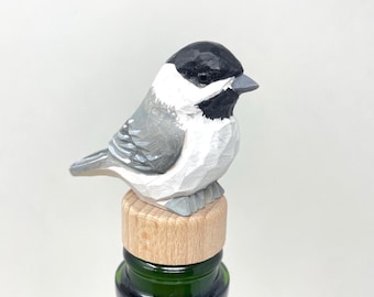 Chickadee Wine Stopper Wooden Figurine | Hand Carved Black-Capped Bird Figurine