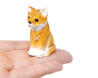 Shiba Inu Dog - Miniature Hand-Painted Wooden Pet Art Decoy Mini Carved Ornament Figurine Small Animals Collectible