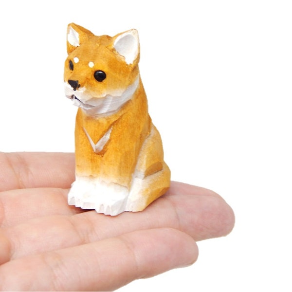 Shiba Inu Dog - Miniature Hand-Painted Wooden Pet Art Decoy Mini Carved Ornament Figurine Small Animals Collectible
