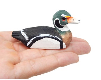 Wood Duck Carolina Drake Figurine - Wooden Miniature Bird Statue Handmade Carving Home Decor Decoration Decoy Small Animals