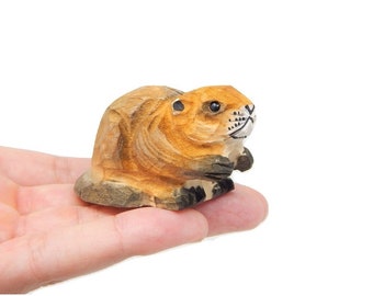 Beaver Wood Figurine - Dam Forest Castor Woodland Critter Miniature Small Animal Toy Handmade Carved Home Decor Folk Ornament Minifigure