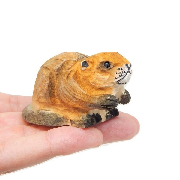 Beaver Wood Figurine - Dam Forest Castor Woodland Critter Miniature Small Animal Toy Handmade Carved Home Decor Folk Ornament Minifigure