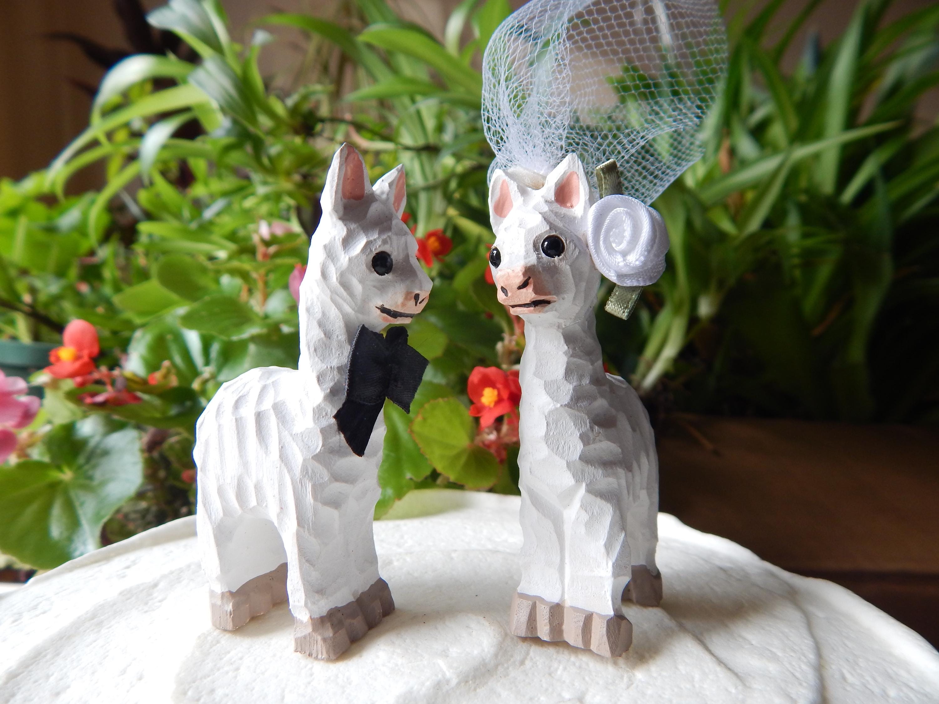 Lama Alpaca Figurine Cake Topper Bride & Groom  Wedding Engagement Anniversary Carved Wood Statue