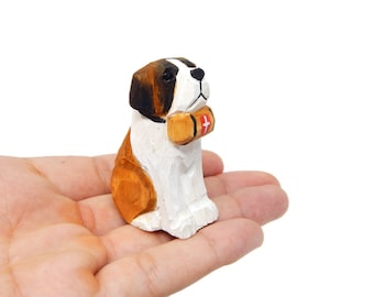 Bernard Dog Puppy Figurine - Miniature 2 Inch Wooden Carving Handmade Home Decor Small Animal Garden Statue Toy Pet Loss Memorial
