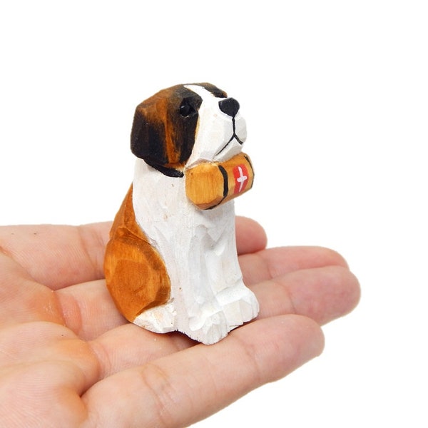 Bernard Dog Puppy Figurine - Miniature 2 Inch Wooden Carving Handmade Home Decor Small Animal Garden Statue Toy Pet Loss Memorial