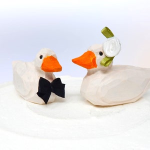 White Duck Love Birds Cake Topper Bride & Groom Wedding Engagement Anniversary Carved Wood Statue