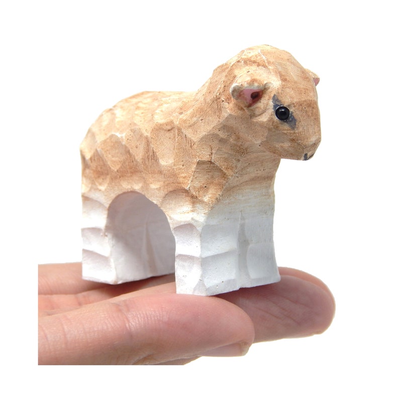 Sheep Little Lamb Farm Wood Figurine Baby Goat Ewe Domestic Miniature Barn Small Animal Toy Hand Carve Home Decor Folk Ornament Minifigure image 1