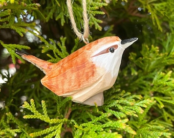 Carolina Wren Hand-Carved Wooden Ornament, Recycled Wood Bird Figurine, Miniature Art Craft
