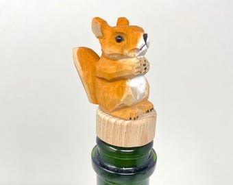 Squirrel Wine Stopper Rustic Reusable Bottle Plug | Hand Carved Animal Collectible Décor