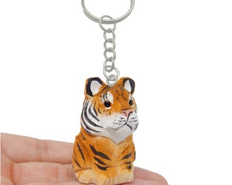 Tiger Keychain Ring Clip Charm Miniature Cat Bengal Striped Wood Mini Figurine Small Animal