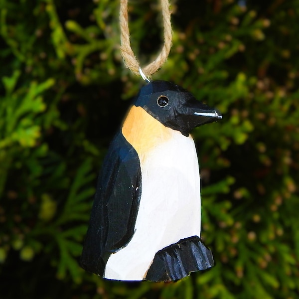 Penguin Wooden Ornament | Hand-Carved Arctic Bird Rustic Holiday Decor