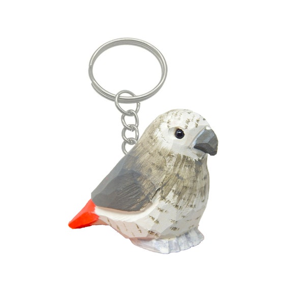 Grey African Parrot Keychain Ring Hook Clip Parrot Bird Charm Miniature Wood Mini Figurine Small Animal