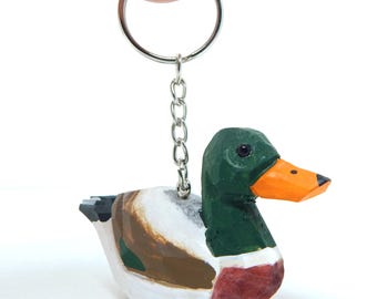 Mallard Duck Keychain Ring Hook Clip Charm Miniature Wood Mini Figurine Small Animal
