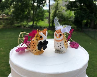 Owl Barn Horned Love Bird Cake Topper Bride & Groom Wedding Engagement Anniversary Carved Wood Statue