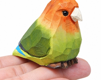 Lovebird Wooden Figurine | Hand-Carved Parrot Bird Sculpture Decor