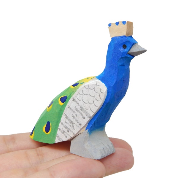 Peacock Bird Figurine Statue Home Decor Small Animal Garden Peafowl Lawn Wood Carving Miniature