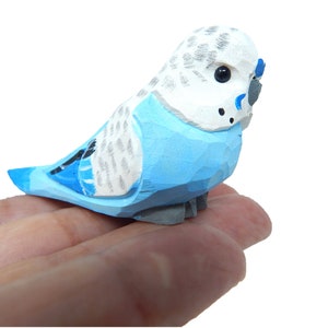 Blue Parakeet Handmade Wood Figurine Decor Budgie Bird Pet Miniature Art Statue Craft Carved Small Animal Collectible Sculpture