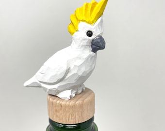 Tapón de vino con forma de cacatúa, figura de madera tallada a mano, objeto decorativo coleccionable.
