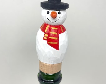 Snowman Wine Stopper Handmade Wooden Rustic Carving Figurine