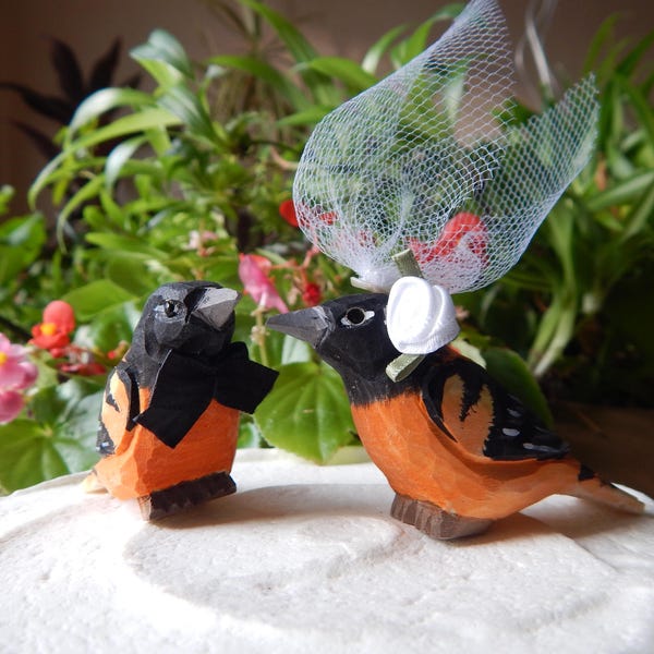 Estatua de madera tallada para tarta de pájaro oropéndola, ideal para novios, bodas, compromisos y aniversarios.