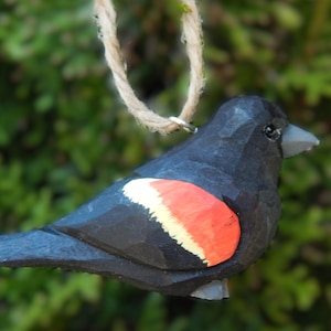 Red-Winged Blackbird Ornament Handmade Wooden Hanging Decor Bird Rustic Carving Figurine