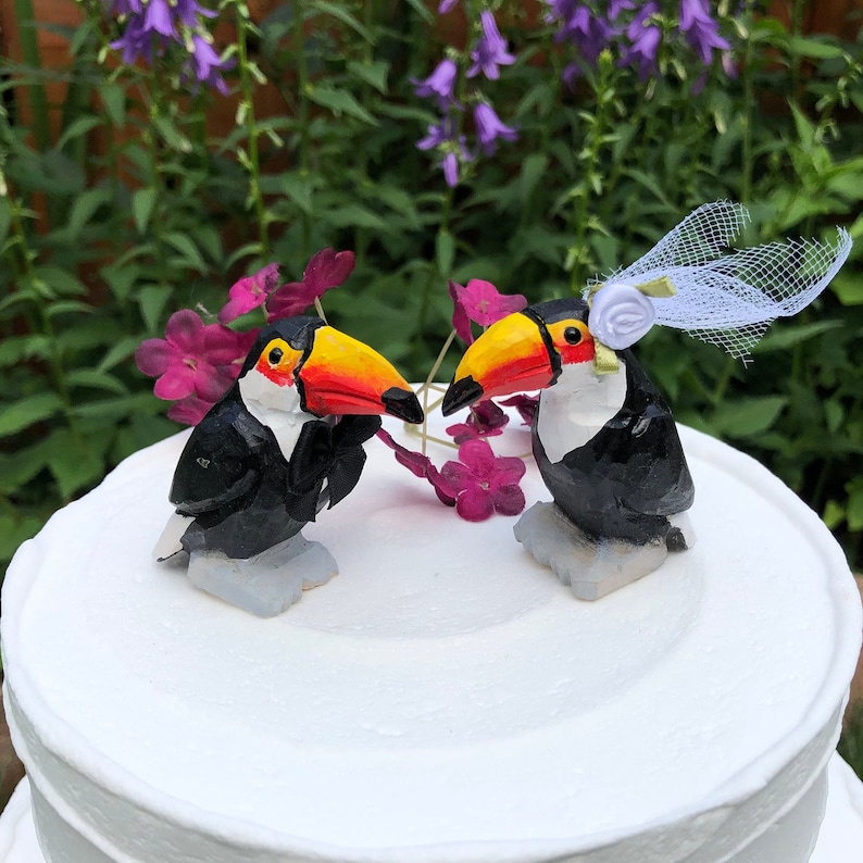 Toucan Love Birds Cake Topper Bride & Groom Wedding Engagement Anniversary Carved Wood Statue image 1