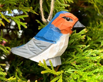 Barn Swallow Hand wooden Ornament Figurine : Miniature Blue Songbird Statue