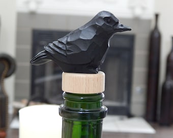 Raven Wine Stopper | Handmade Black Crow Resin Bird Collectible Gift Decor