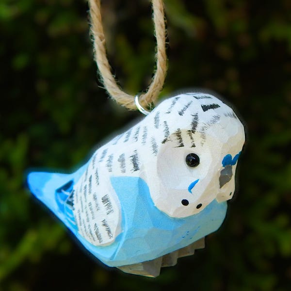 Parakeet Ornament Wood Budgie Bird Hanging Figurine Handmade Carved Decoration