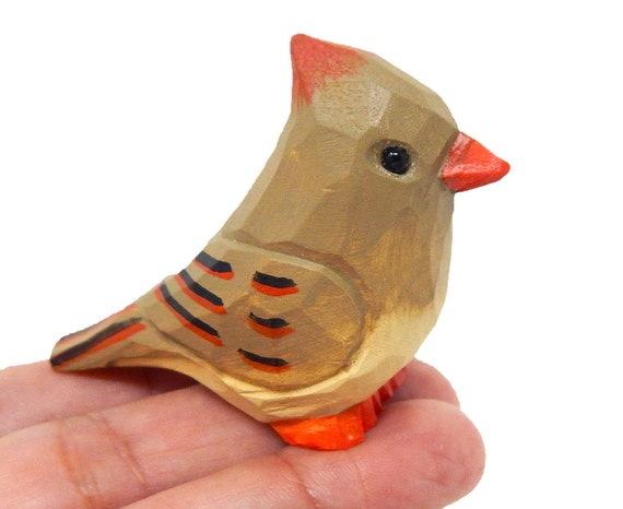 Female Cardinal Wooden Figurine | Hand-Carved Bird Rustic Decor Gift