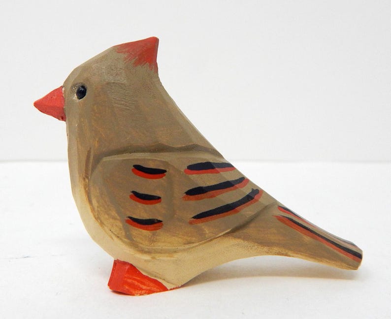 Female Cardinal Wooden Figurine | Hand-Carved Bird Rustic Decor Gift