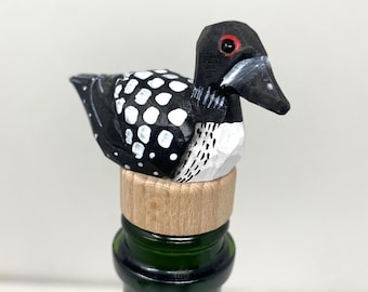 Common Loon Wine Stopper Wooden Figurine | Hand Carved Duck Bird Sculpture
