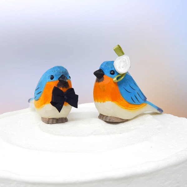 Eastern Bluebird Bird Cake Topper Bride & Groom Love Wedding Engagement Anniversary Carved Wood Statue