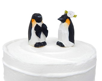 Penguin Love Arctic Bird Cake Topper Bride & Groom Wedding Engagement Anniversary Carved Wood Statue