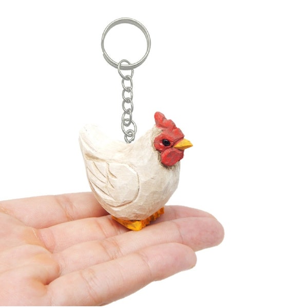 Hen Chicken Keychain Ring Clip Charm Farm Bird Miniature Wood Mini Figurine Small Animal